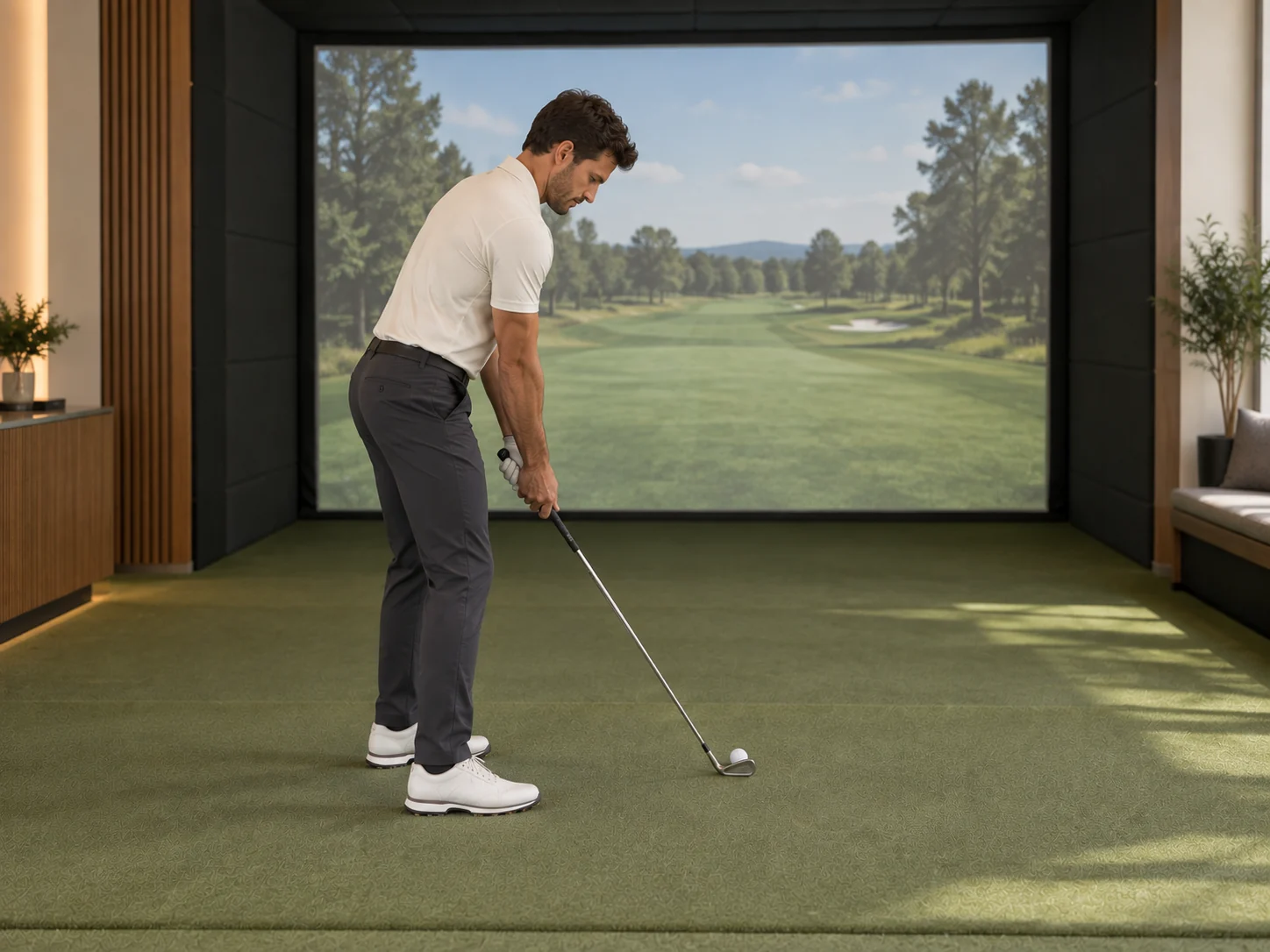 Illustrative down-the-line view of a golfer at address, looking towards the simulator screen from behind.